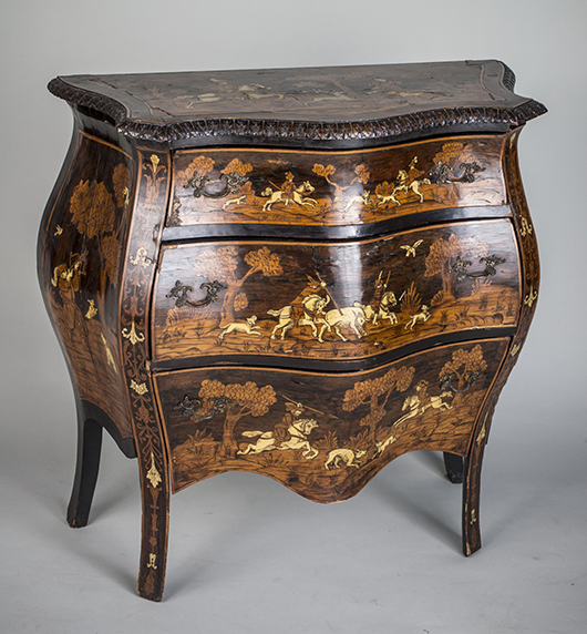 Continental marquetry bombe commode, with a serpentine-fronted top over three drawers. Sold for $4,200. Capo Auction image